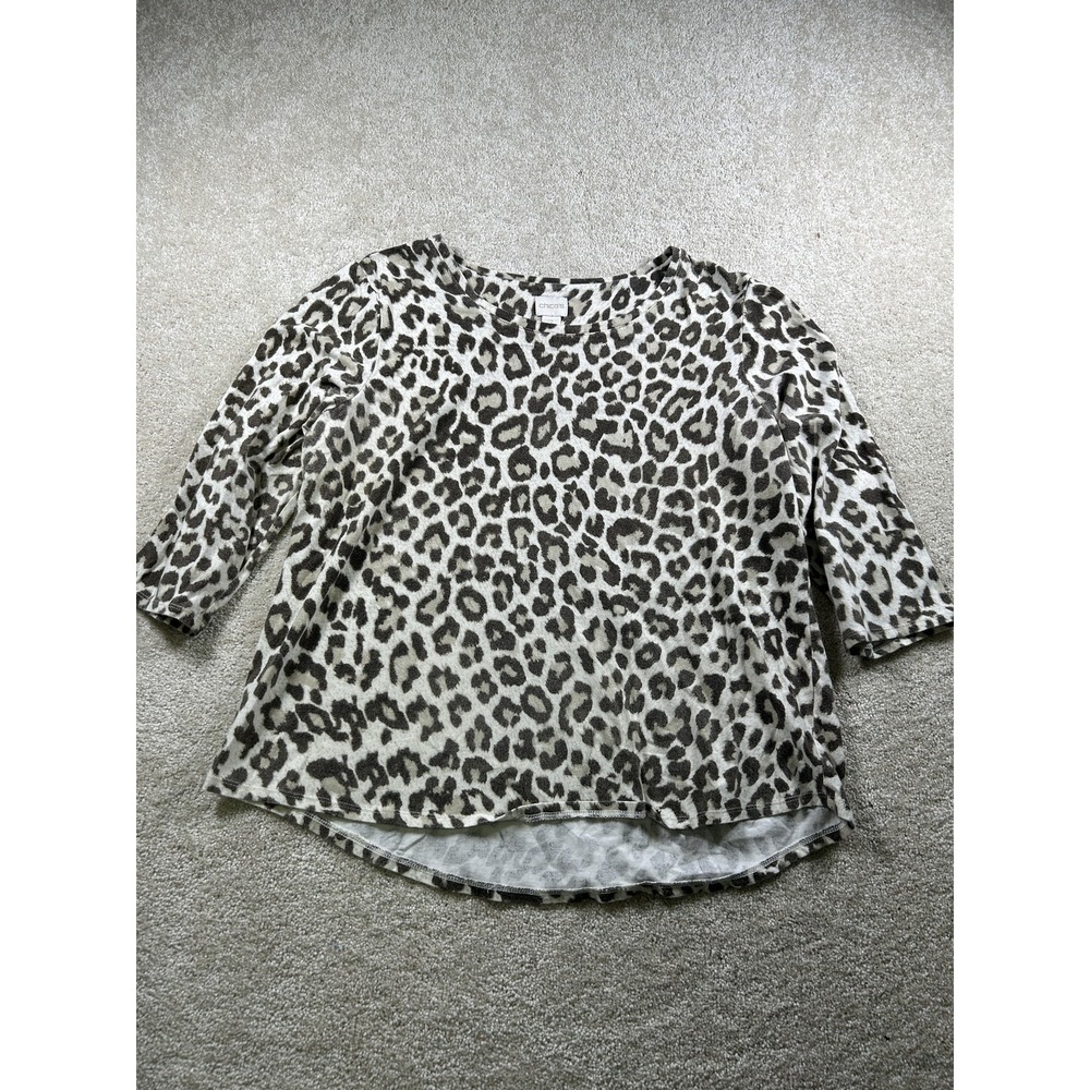 Chicos Pullover Sweater Womens 3 Leopard Print Animal Pattern 3/4 Sleeve